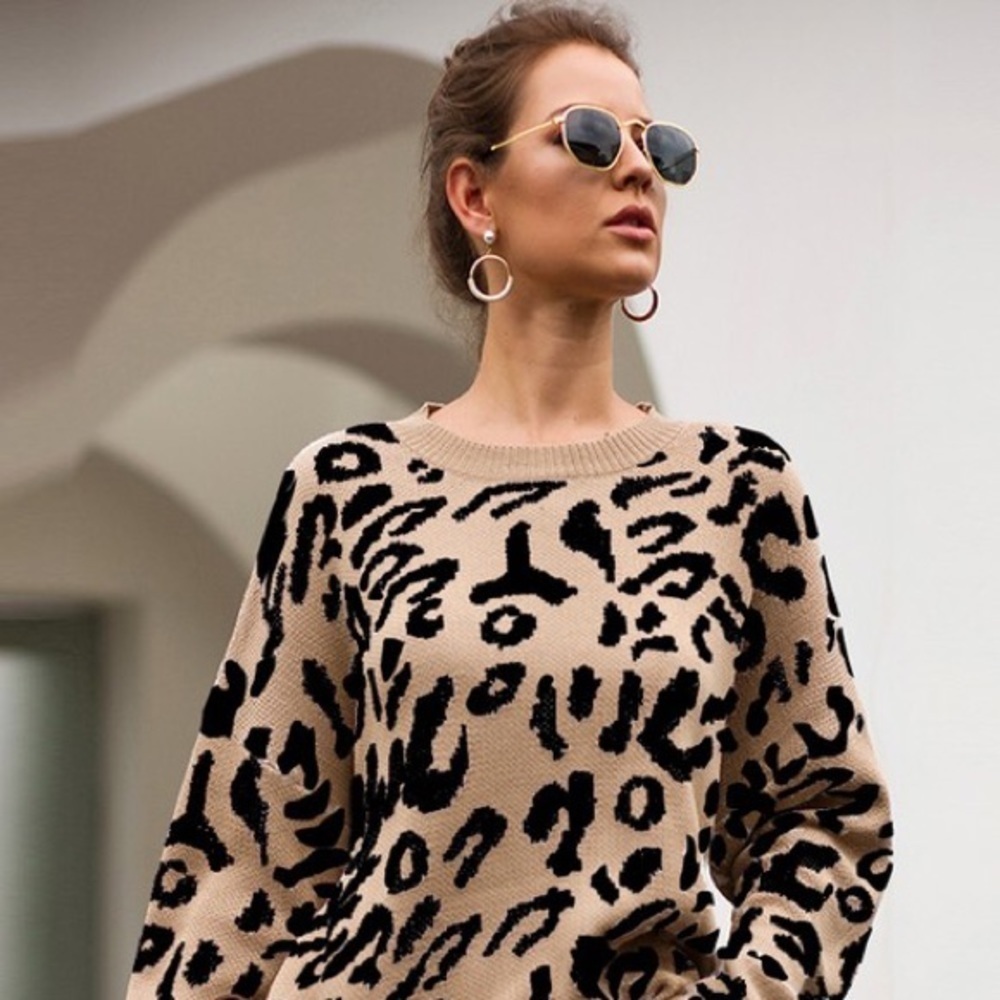 Oversized Leopard Bishop Sleeves Crew Neck Tunic Sweater Khaki Black 2819 - Picture 7 of 8